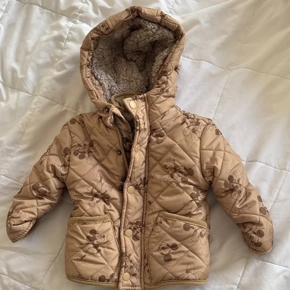 Disney Mickey Mouse NWOT Kids Tan Quilted Lined Jacket with Hood 12 M - Picture 1 of 8